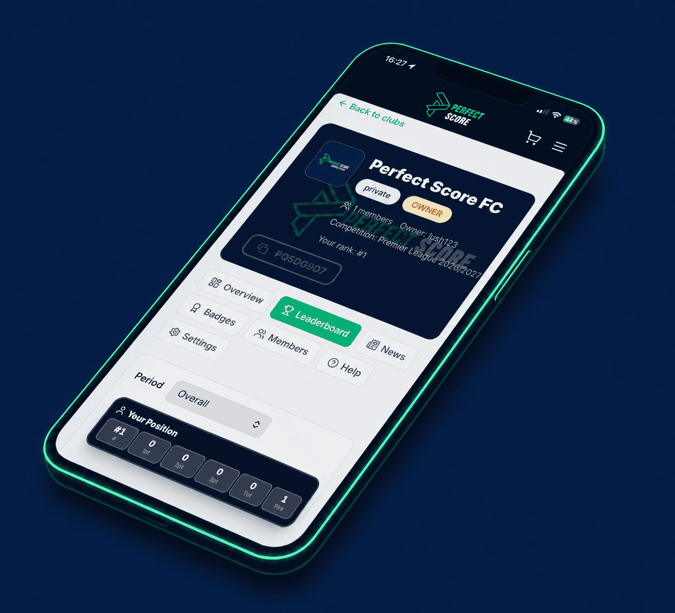 Perfect Score mobile app showing a club page
