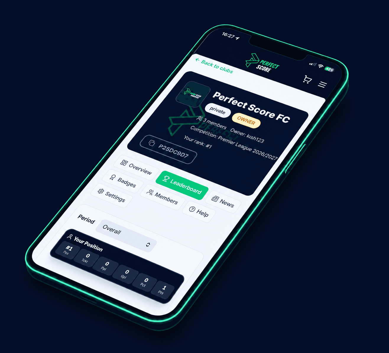 Perfect Score mobile app showing a club page